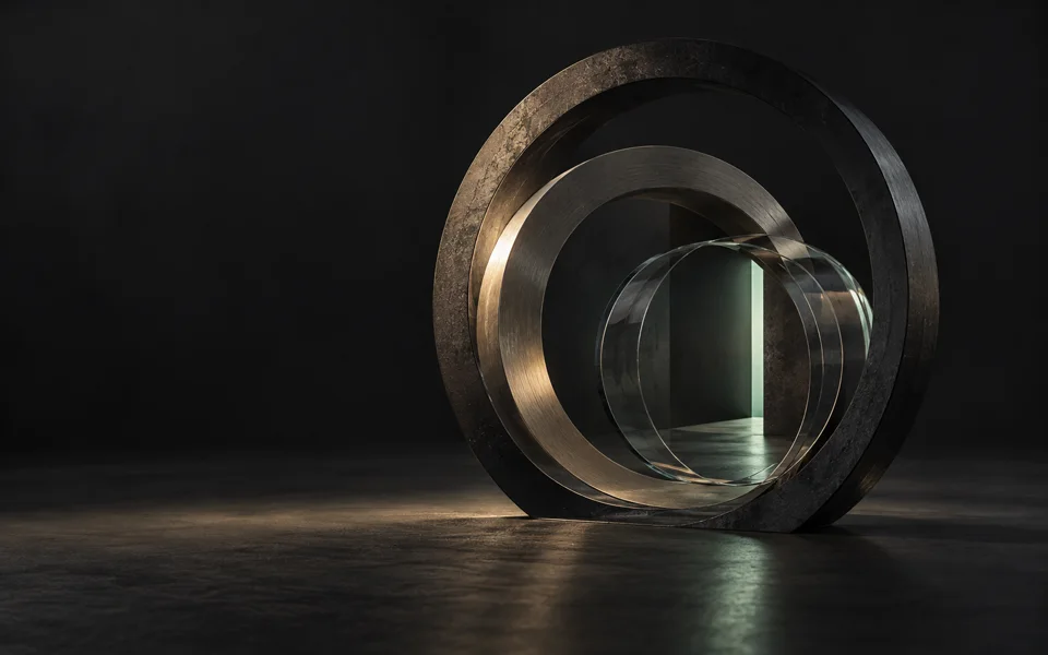 Skulptur aus ineinanderliegenden Metall- und Glasringen mit einem mintfarbenen Lichtkanal.