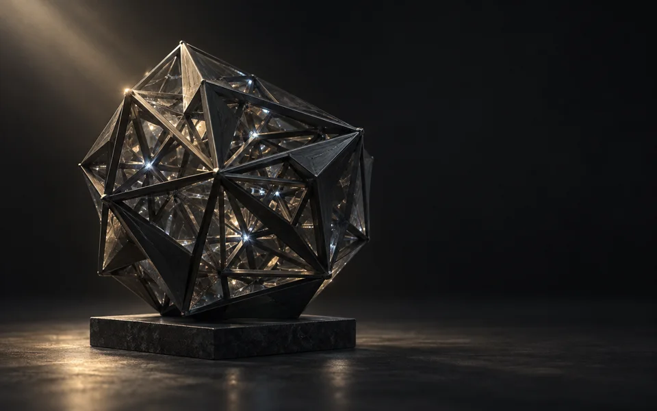 Facettierte Skulptur aus Glas und Metall, beleuchtet von einem präzisen warmen Lichtstrahl.